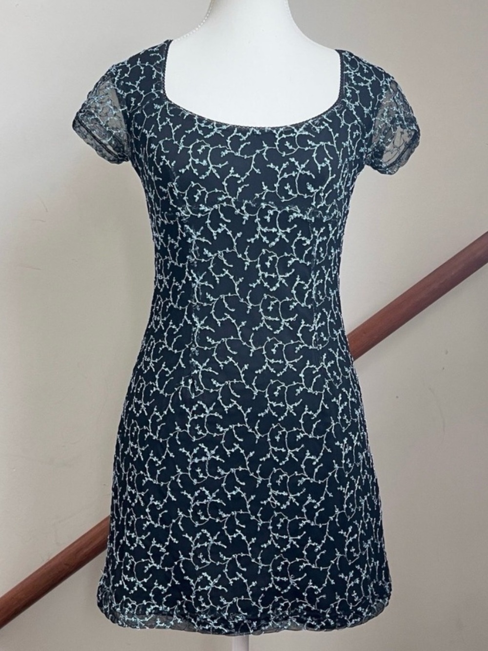 Vintage 90s Black‎ Mesh Overlay Babydoll Mini Dress Cap Sleeve Mini Dress Vine S
